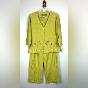 Carol Anderson‎ Top Pant Set Medium Green Linen Floral Lagenlook Artsy Cottage